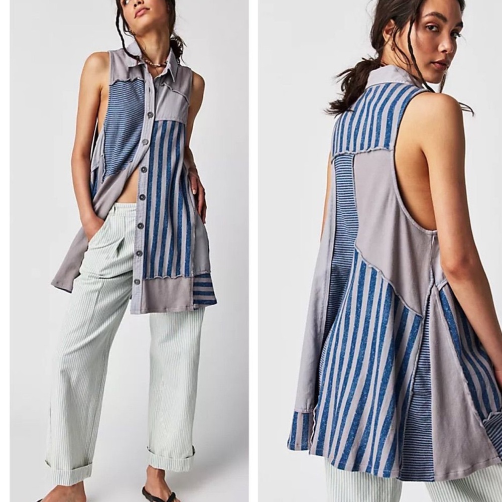 Free People Santana Patched Denim Tunic Mini Dress, VGUC, Size Small, MSRP $128